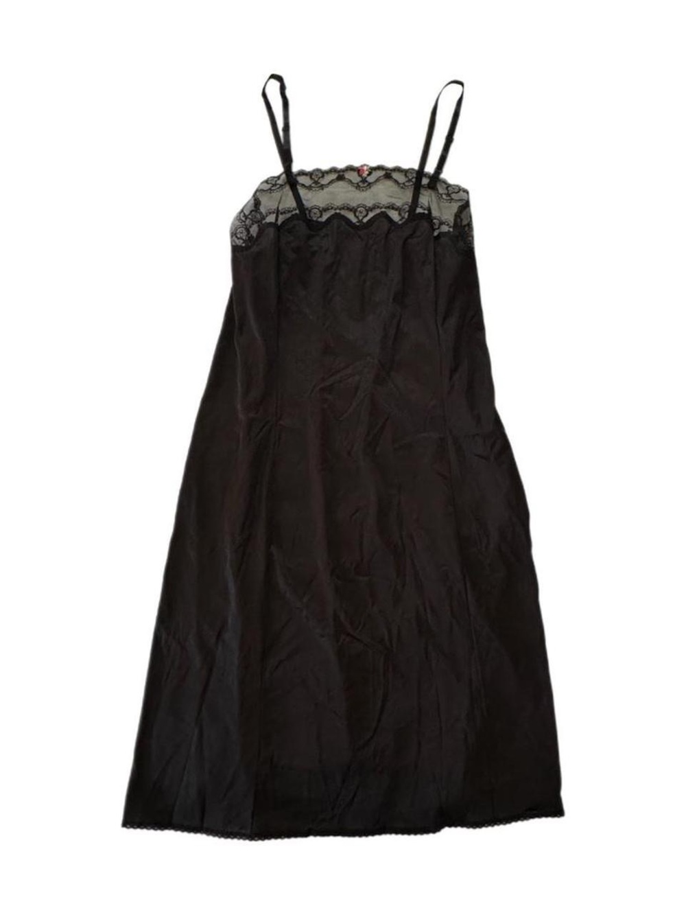 Black Lace-Trim Nylon Slip with Adjustable Spaghetti Straps & Floral Detail